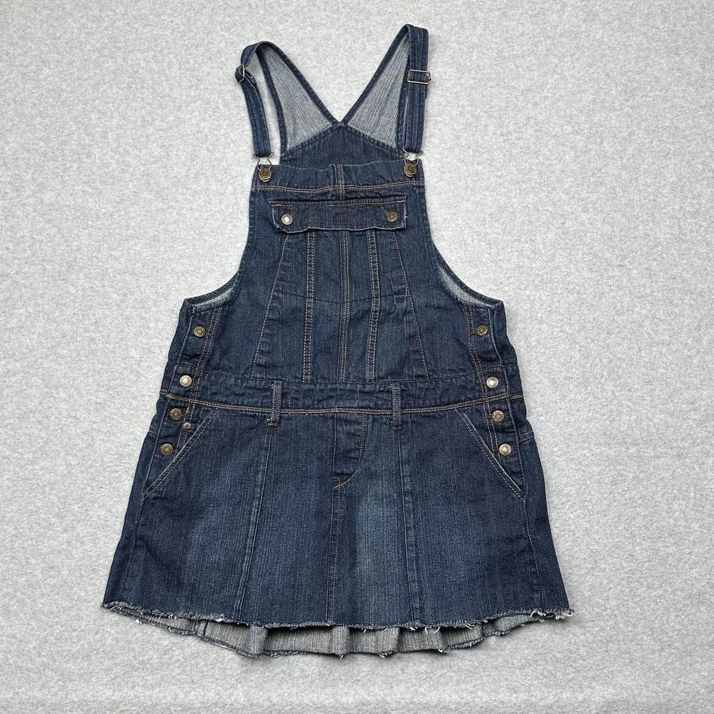 No Boundaries Overall Dress Womens Juniors 13 Denim Skirtalls Pleated Raw Hem